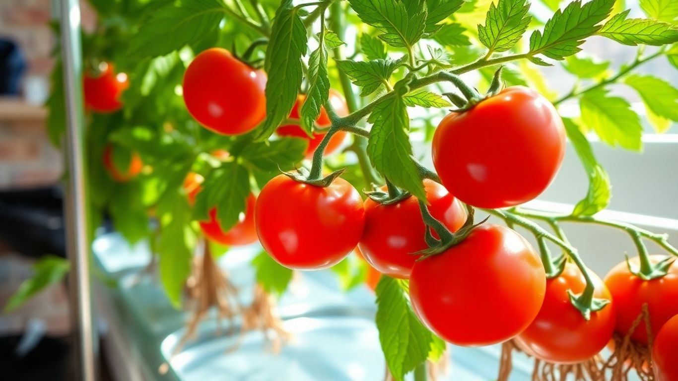 Indoor hydroponic tomato plant with ripe red fruit.