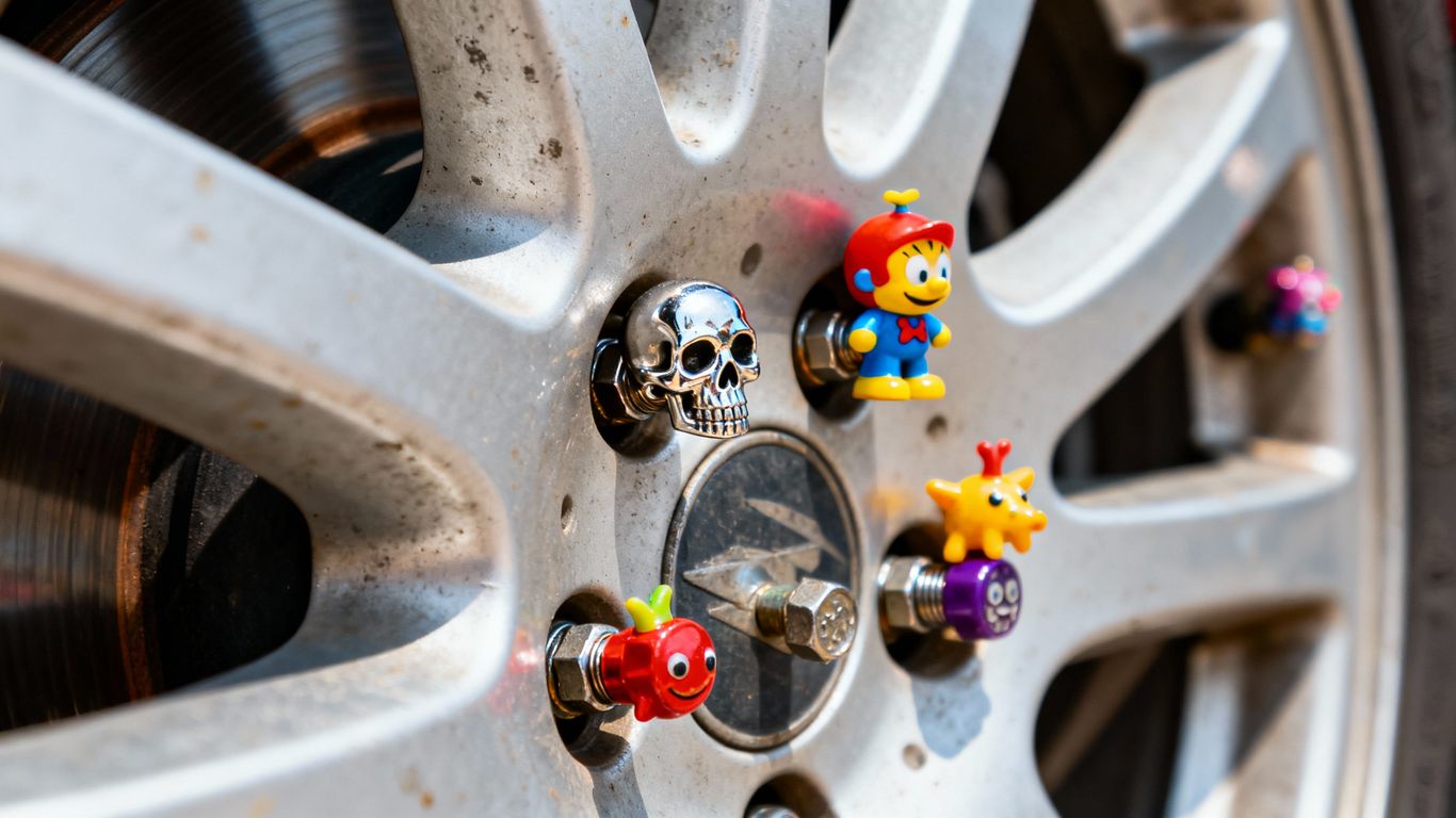 Crazy tire caps on car wheels.
