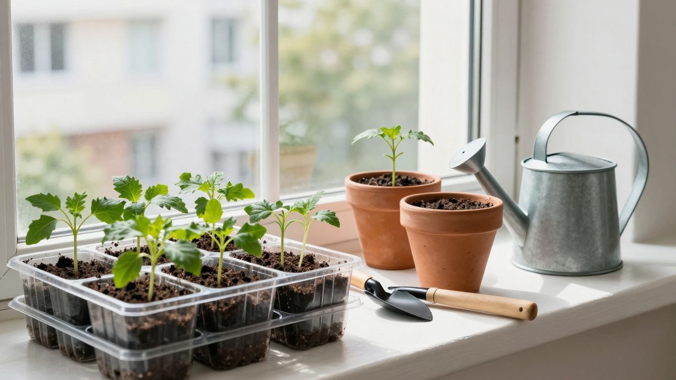 Angezogene Pflanzen auf einer Fensterbank mit Gartengeräten.