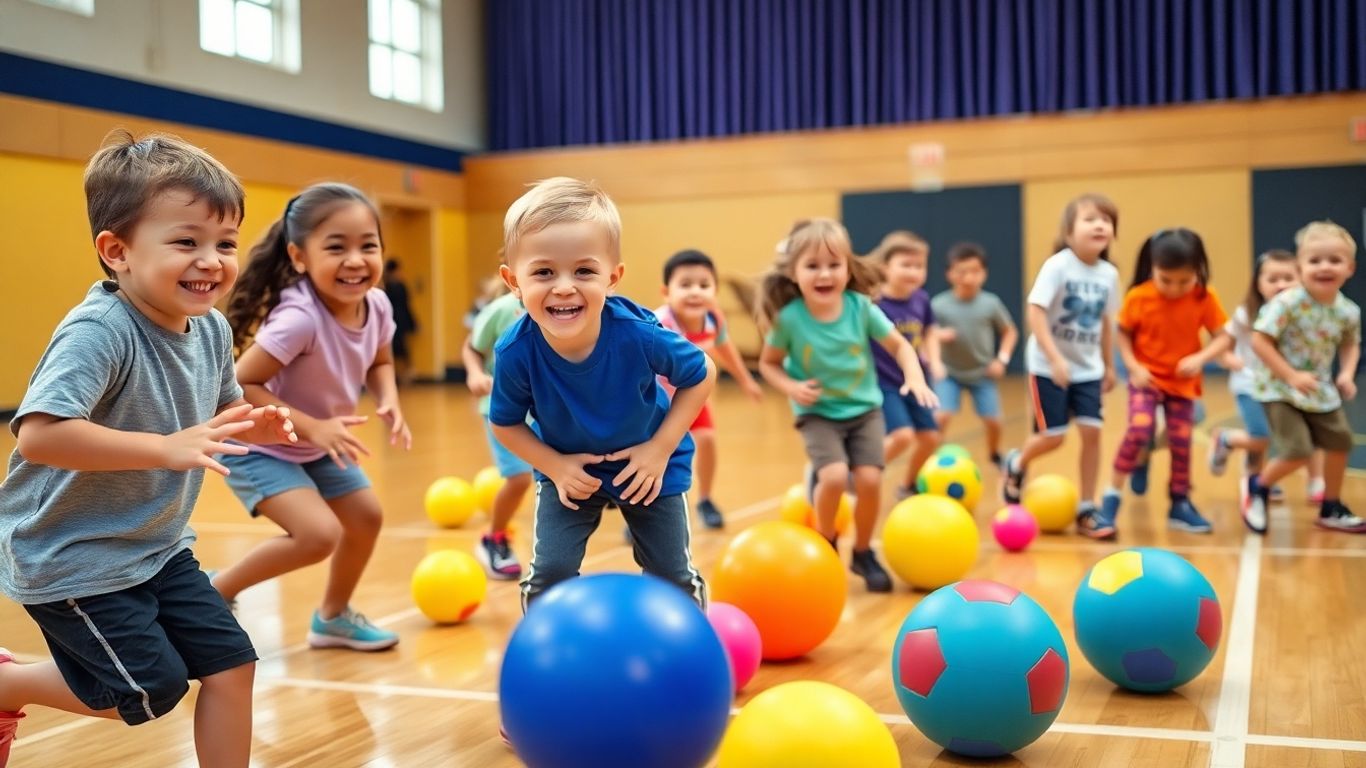 Kinder spielen Fangspiele und Ballspiele in der Turnhalle.