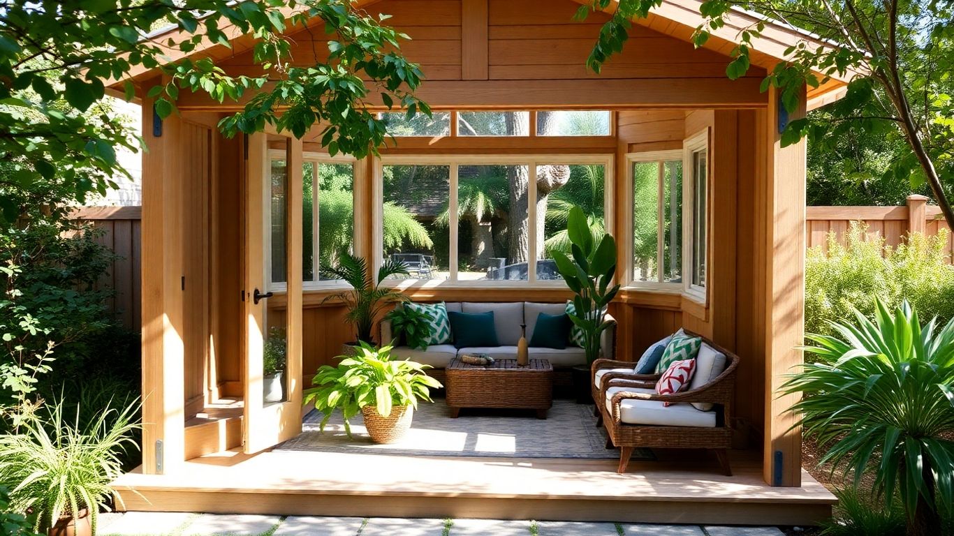 Custom shed transformed into a cozy backyard retreat with plants.