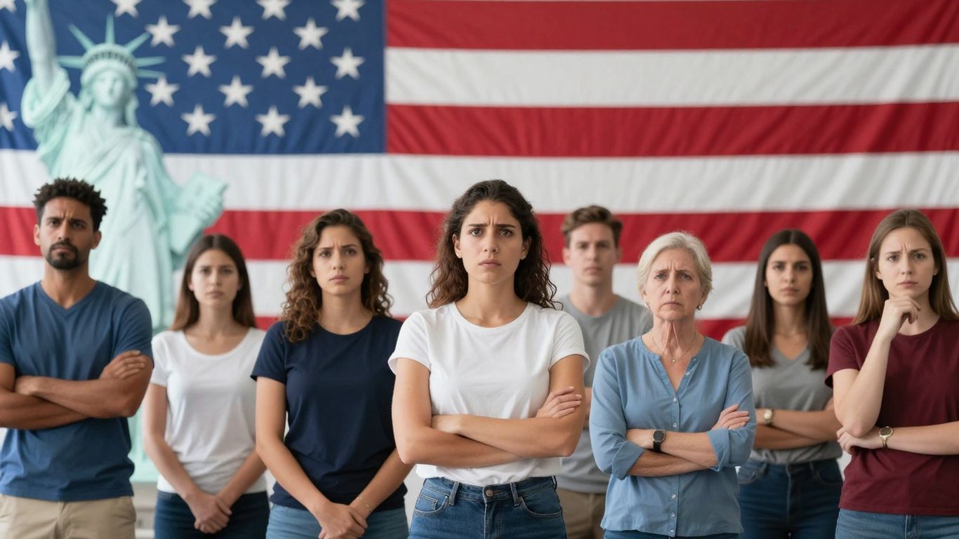 Bandera de EE.UU. y personas discutiendo políticas.