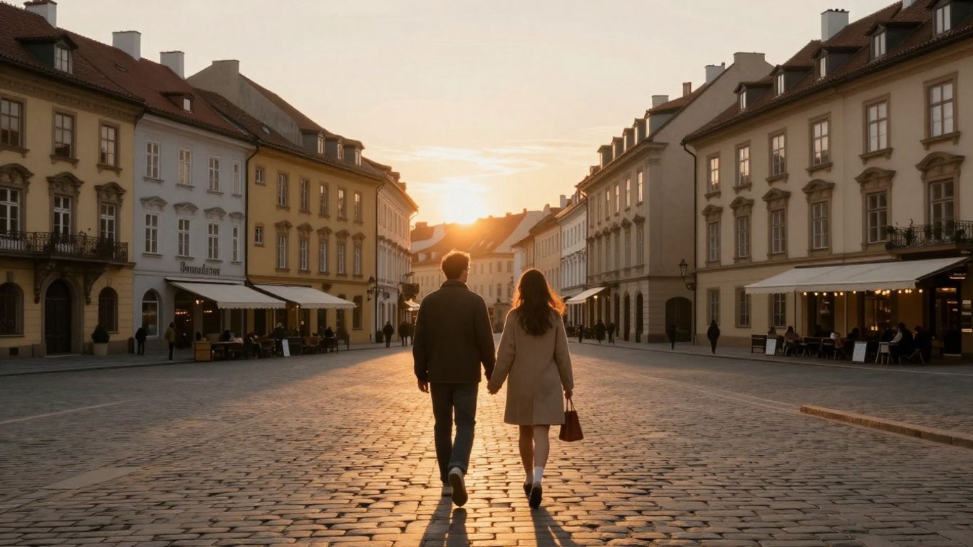 Romantisches Paar spaziert durch europäische Stadt bei Sonnenuntergang.