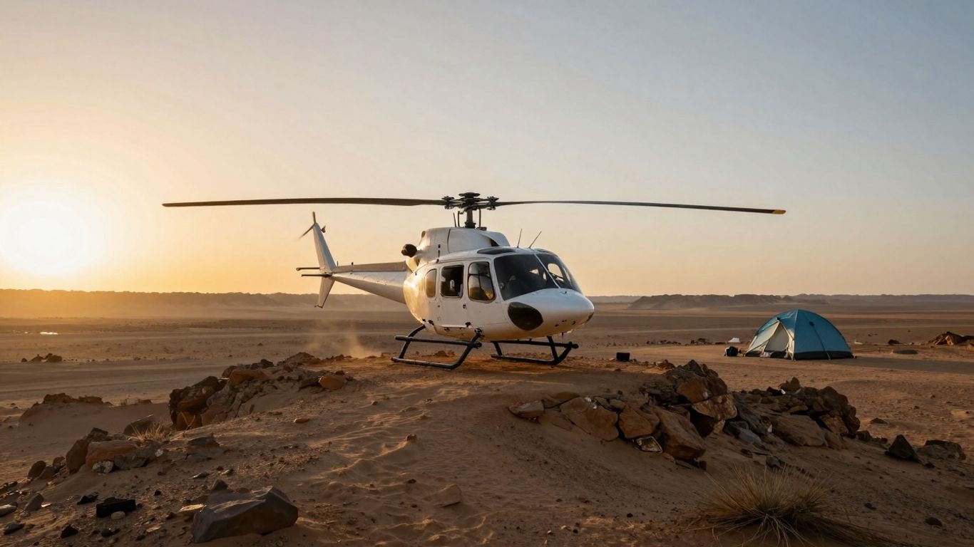 Helicopter landing near desert ridge at sunrise.