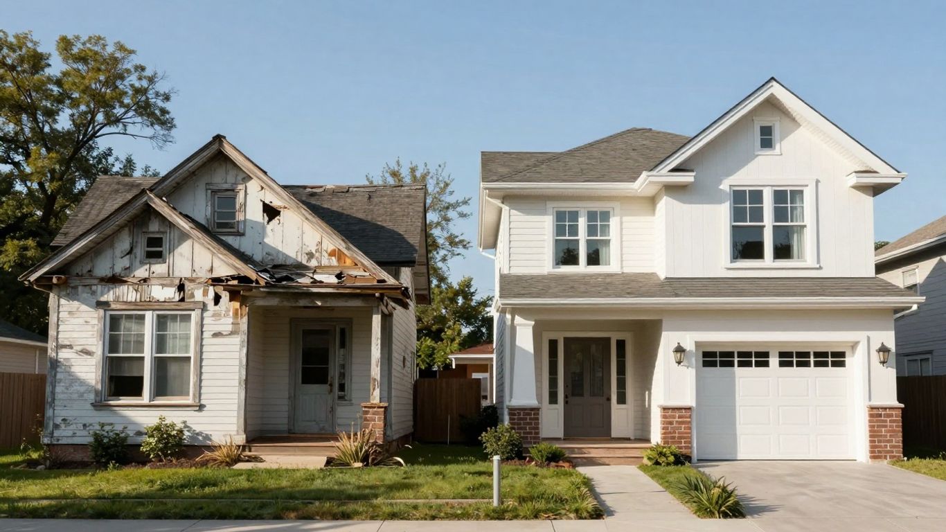 Dilapidated house versus modern home, financial burden