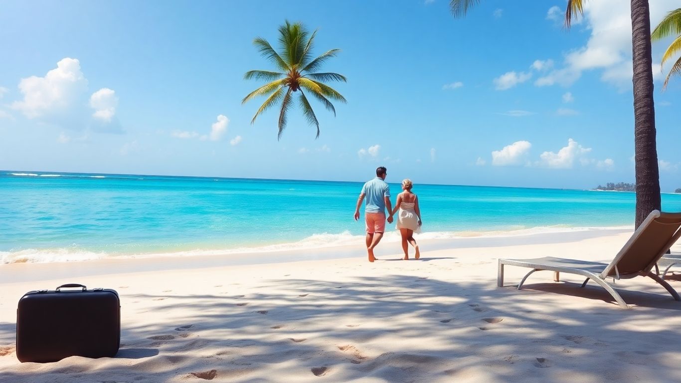 Plaża z palmami i walizką przy leżaku.