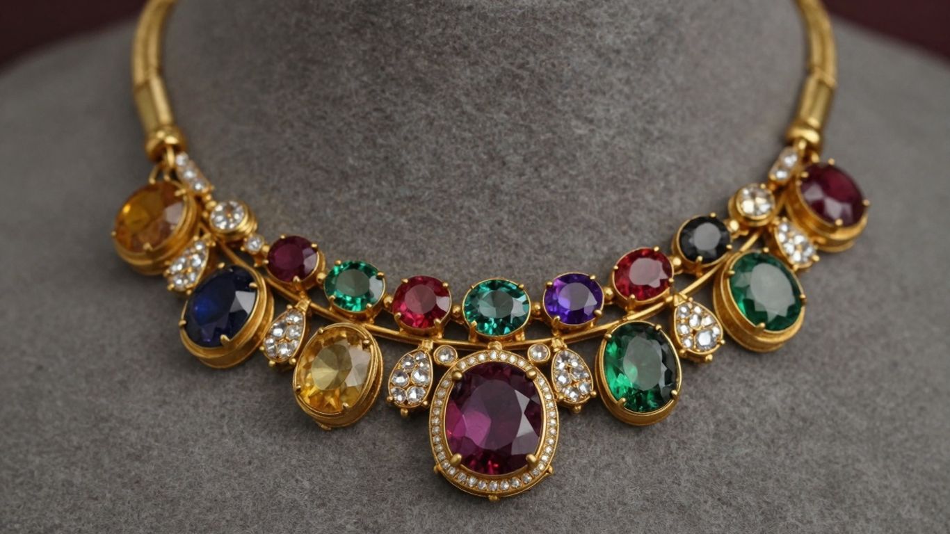 Navaratna necklace with nine precious gemstones.