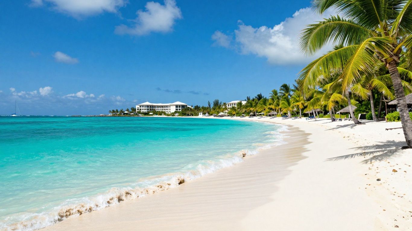Tropical beach with turquoise water and palm trees.