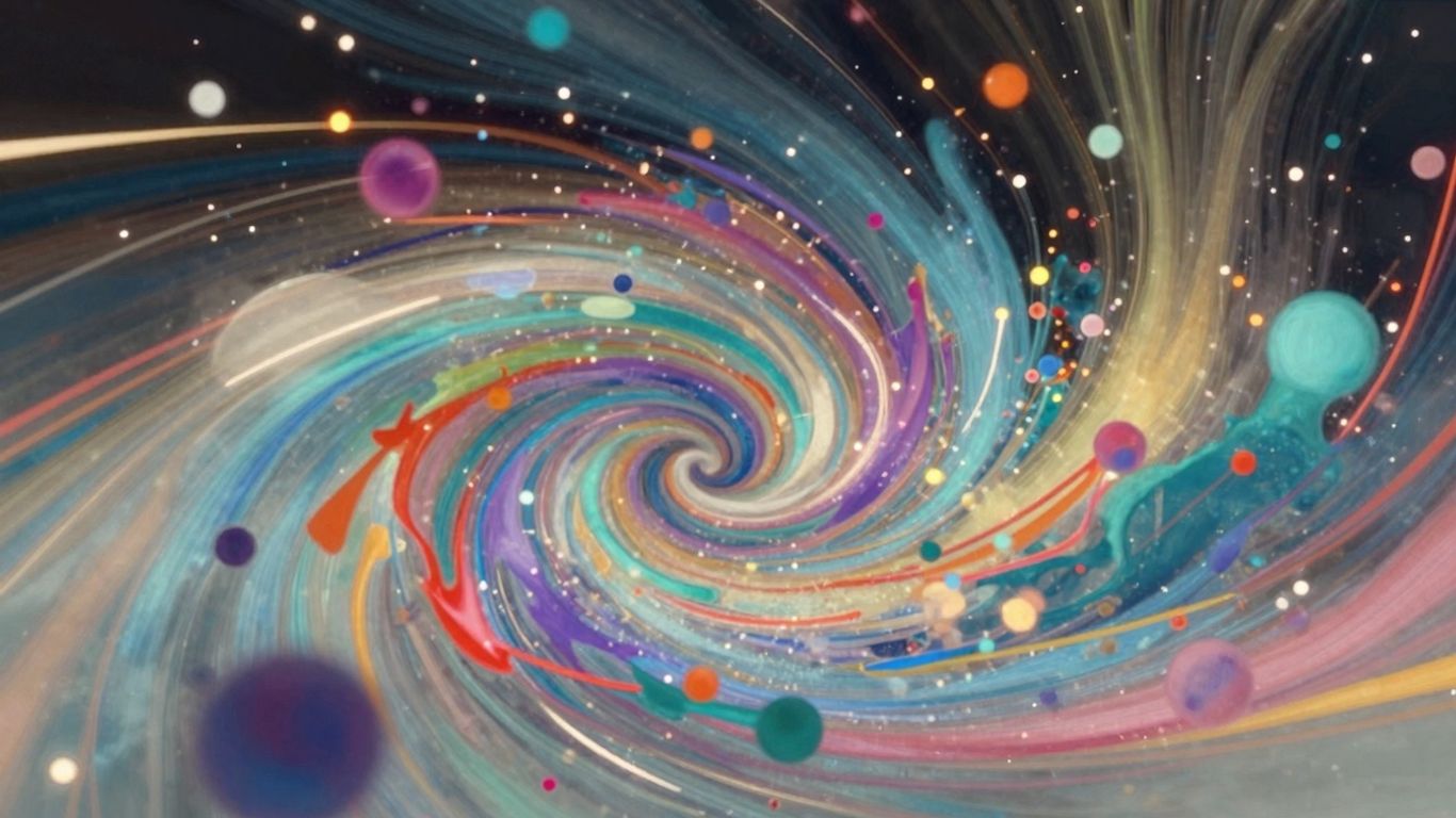 Abstract digital art with swirling colors and light particles.