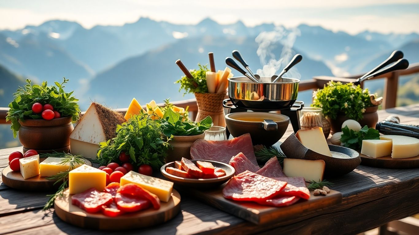 Alpenküche mit Käse, Kräutern und Fondue in den Schweizer Alpen.