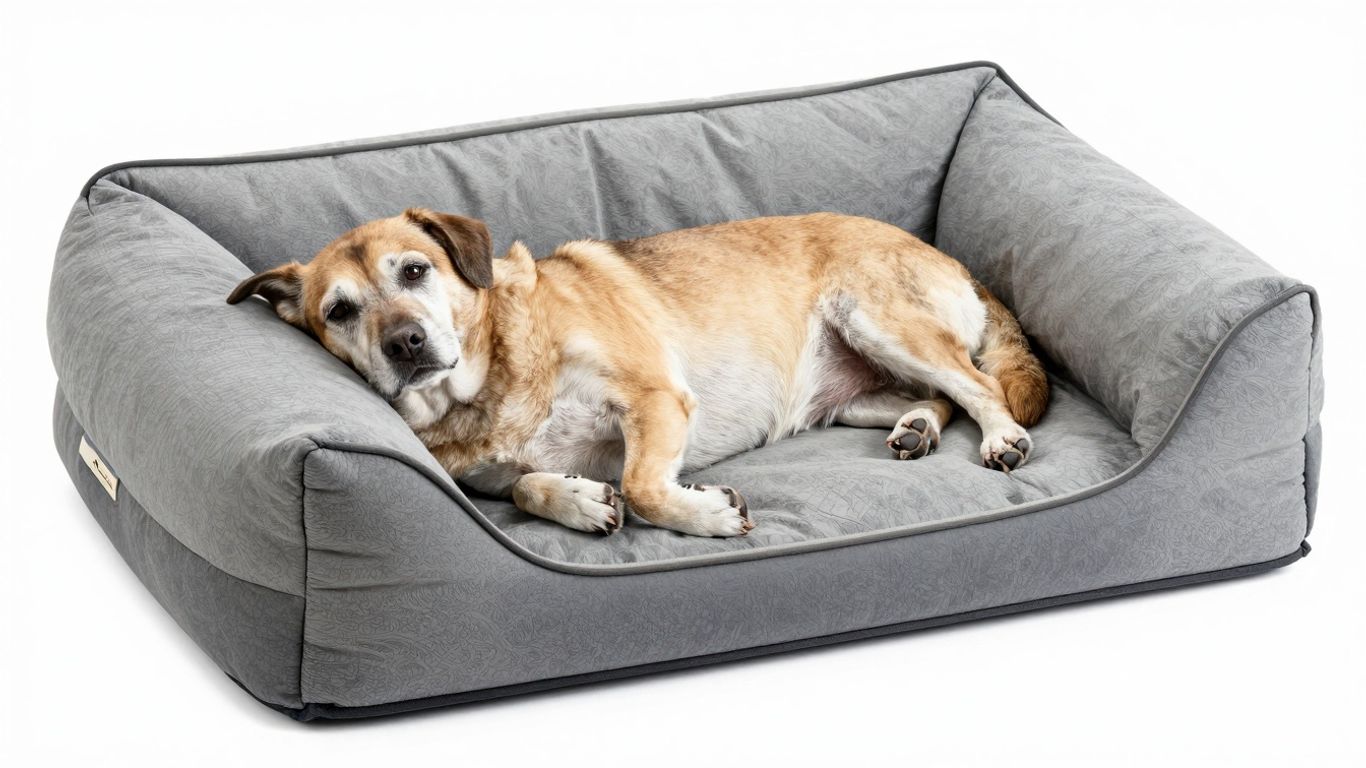 Senior dog resting on a waterproof orthopedic bed.