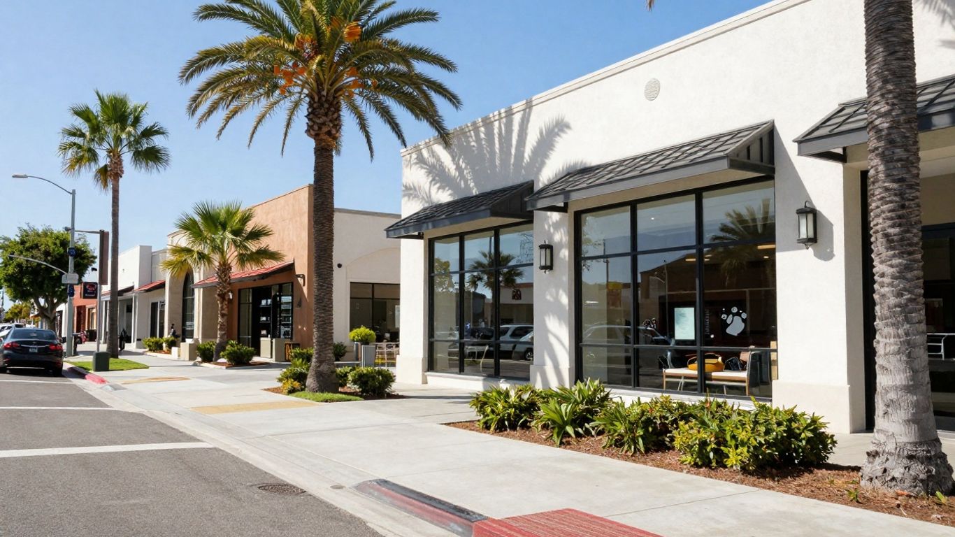 Glendale street with shops and palm trees.