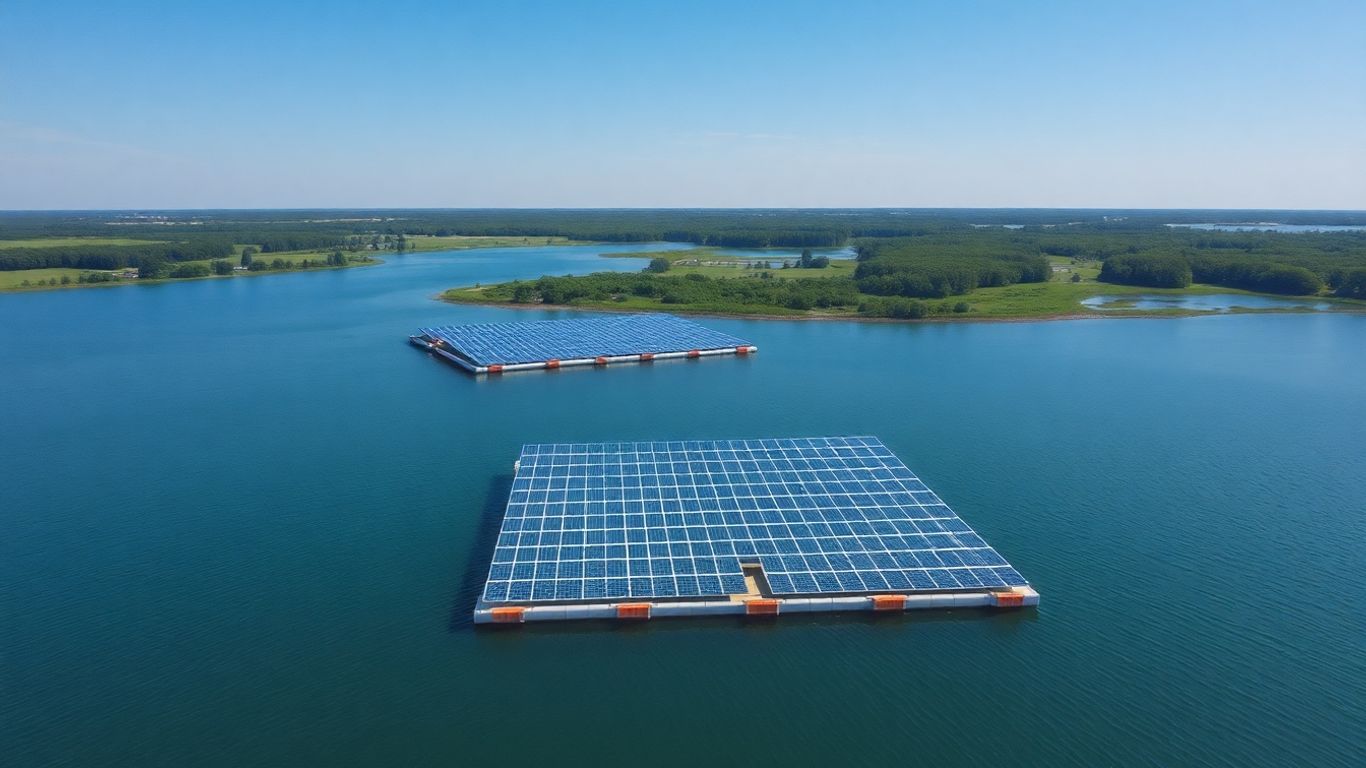 Centrale photovoltaïque flottante sur l’eau avec paysage naturel.