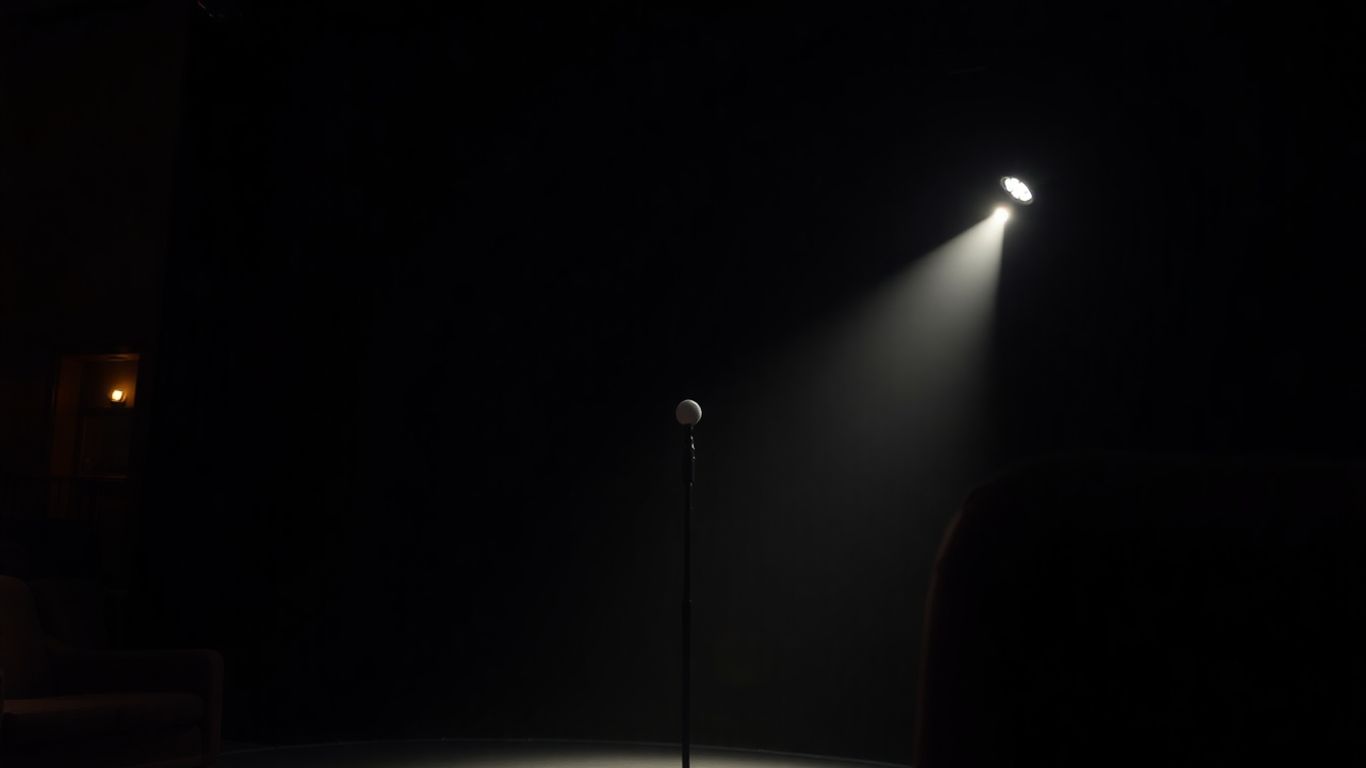 Comedy club stage with spotlight on microphone.