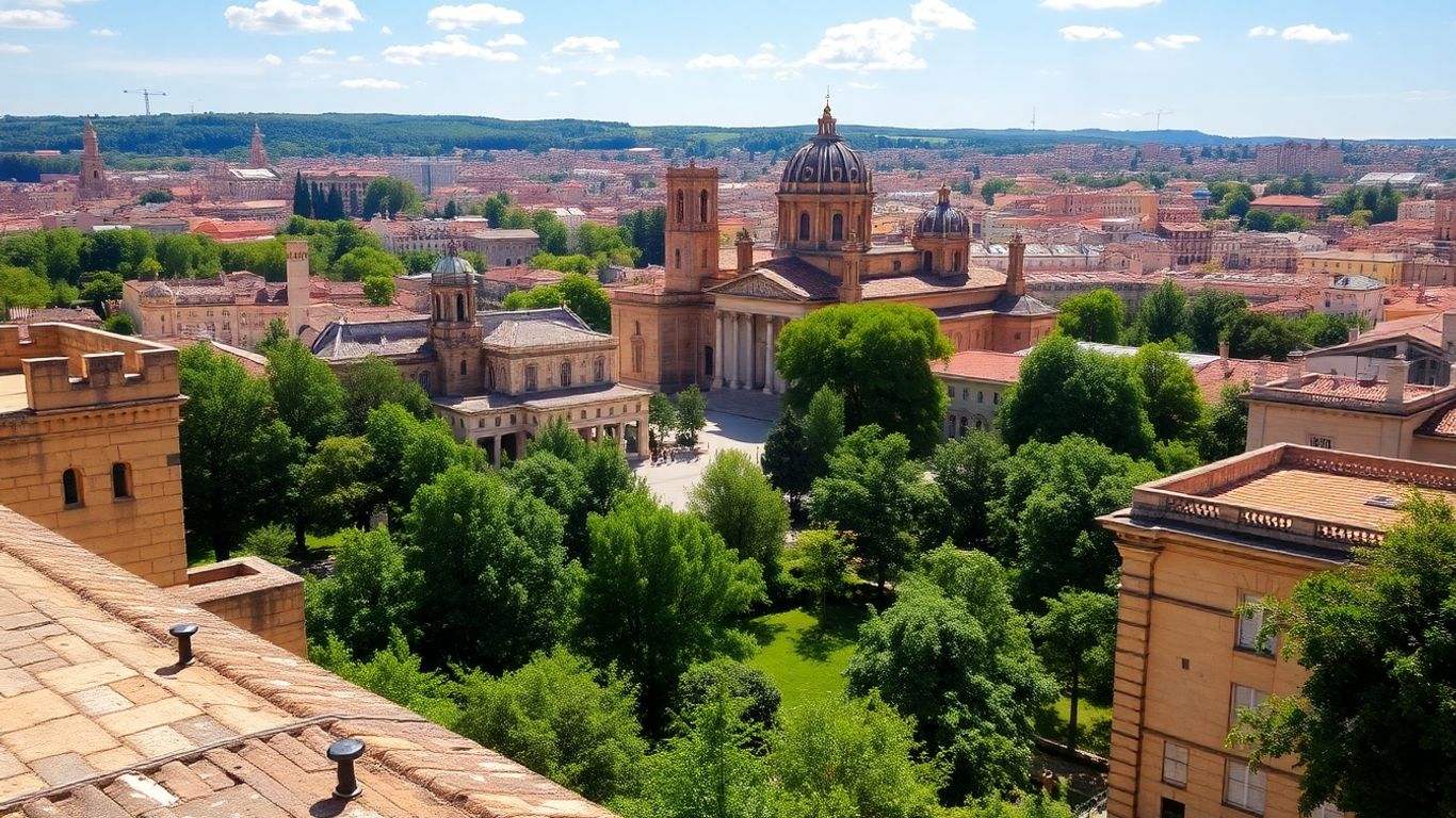 Paisaje urbano de Zaragoza con la Basílica del Pilar y zonas verdes.