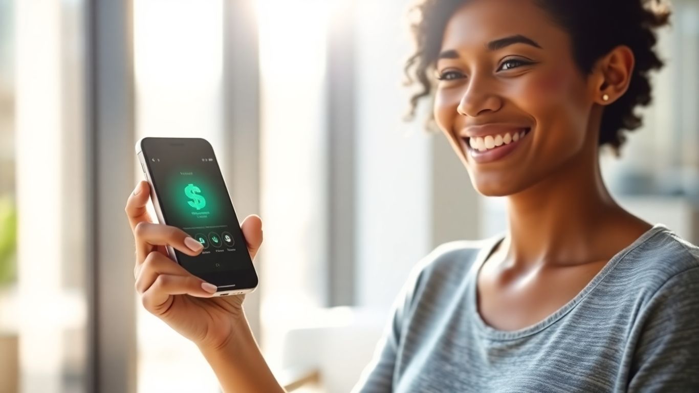Pessoa feliz com celular e ícones financeiros brilhantes.