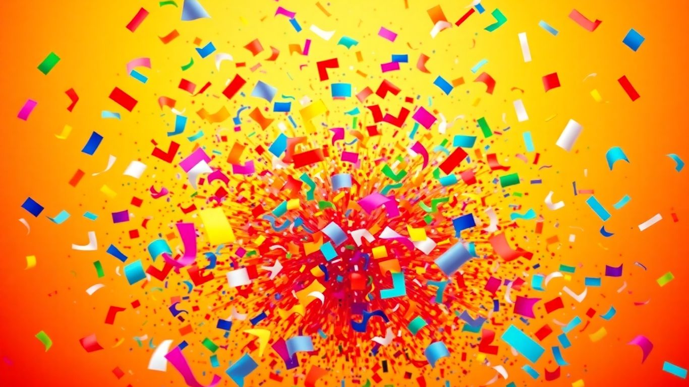 Colourful confetti and abstract shapes suggesting laughter.