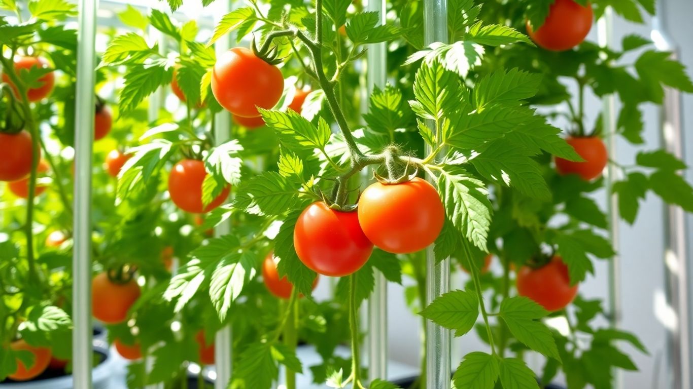 Hydroponic tomato plant with ripe red tomatoes indoors.