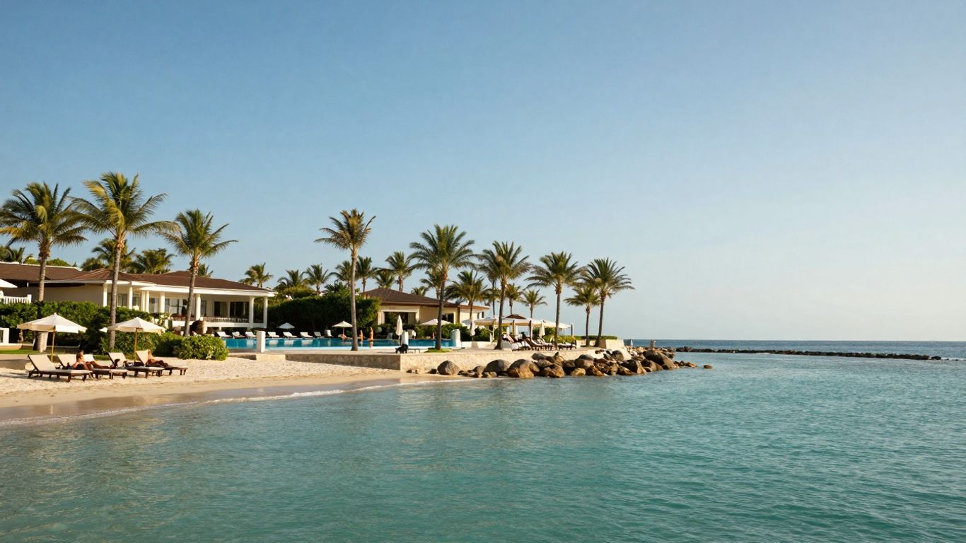 Couple relaxing on a tropical beach with a TUI resort.