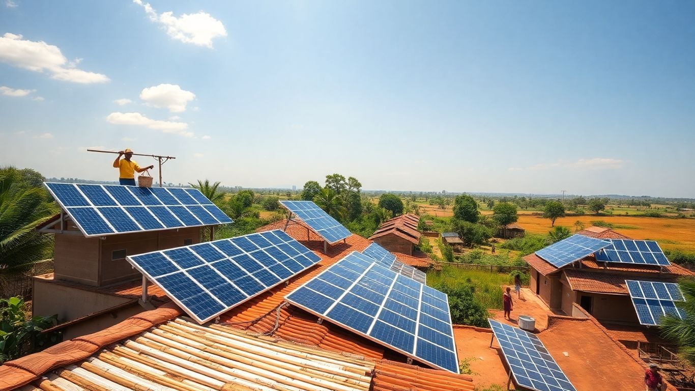 Panneaux solaires installés dans un village rural africain