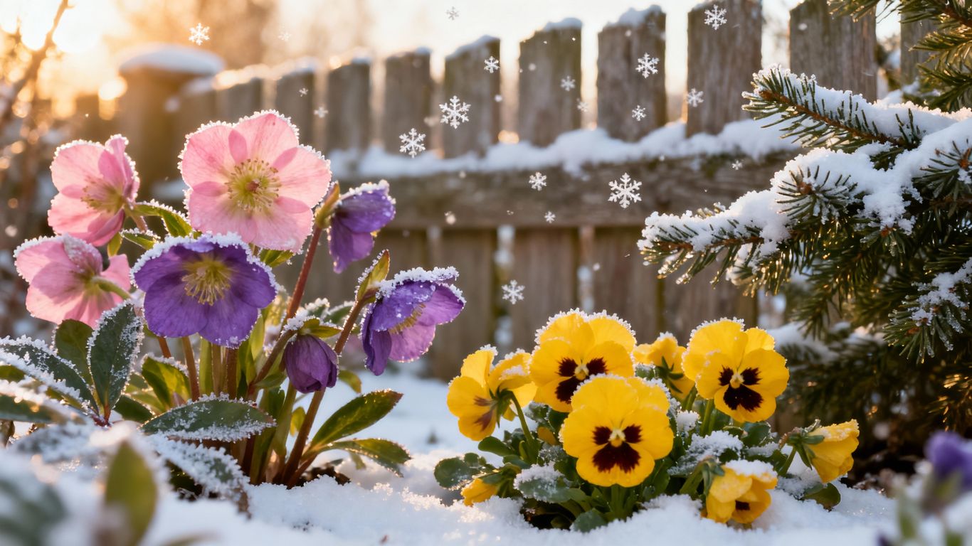 Frosty garden with winter flowers and falling snow.