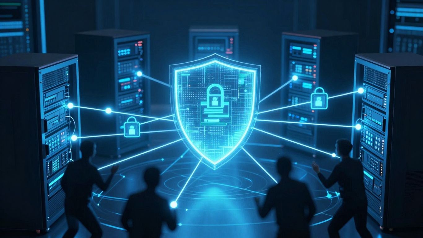 Digital shield protecting servers from shadowy figures.
