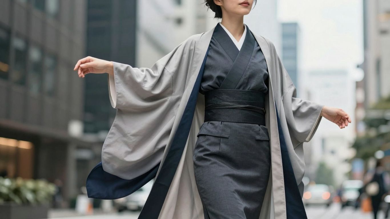 Woman in modern kimono, professional attire, elegant drape.