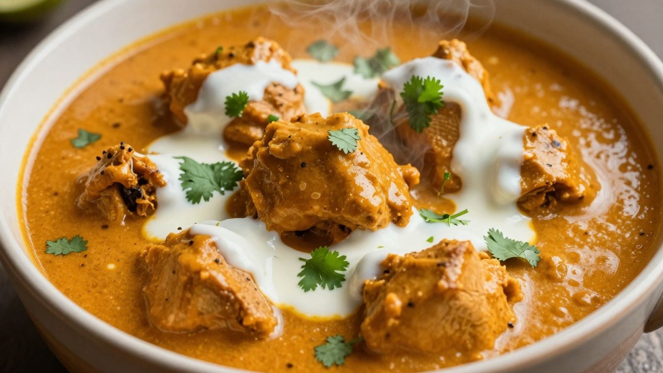 Bowl of Indian chicken curry with cilantro garnish.