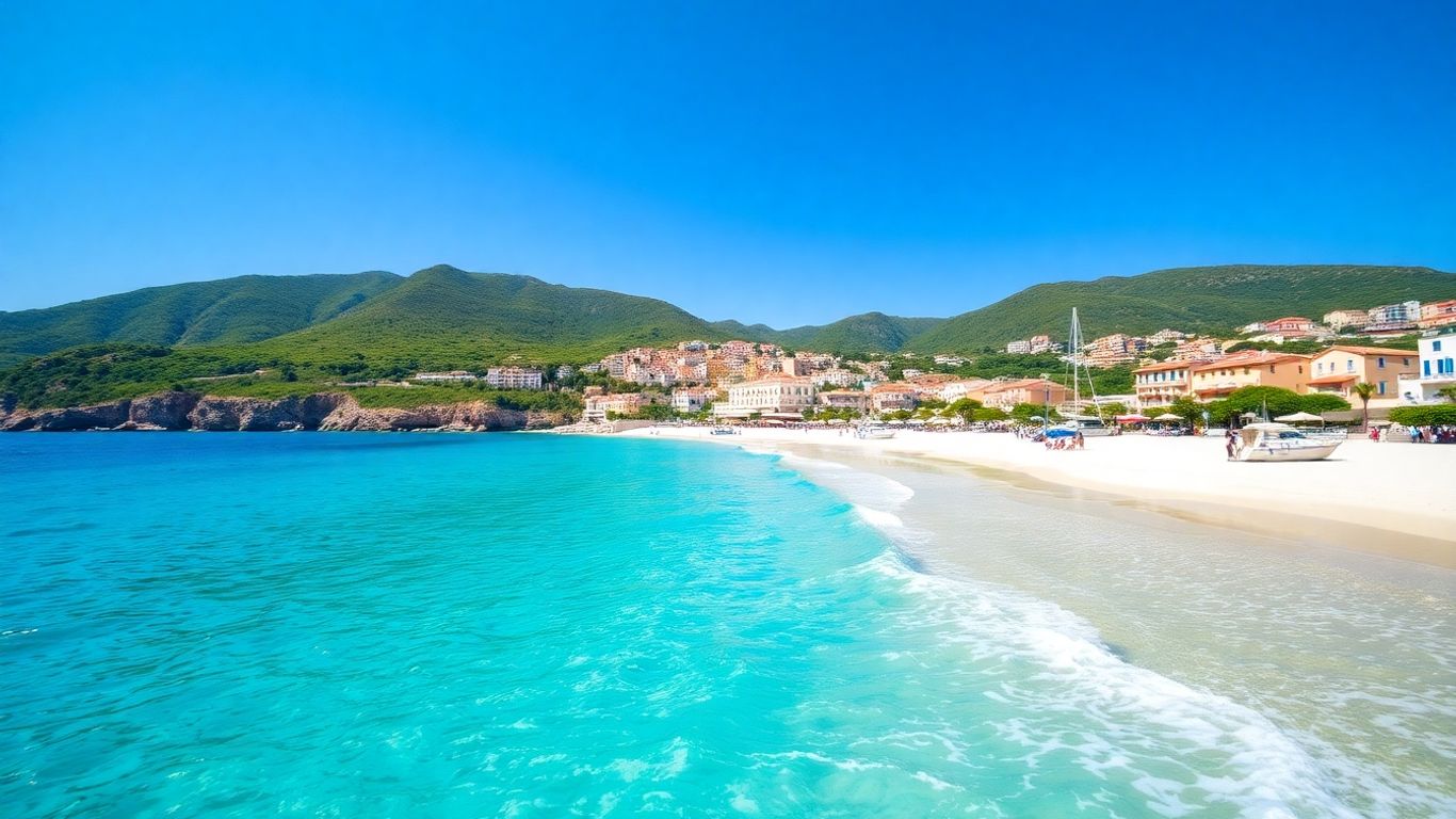 Sunny European island coast with beaches and villages.