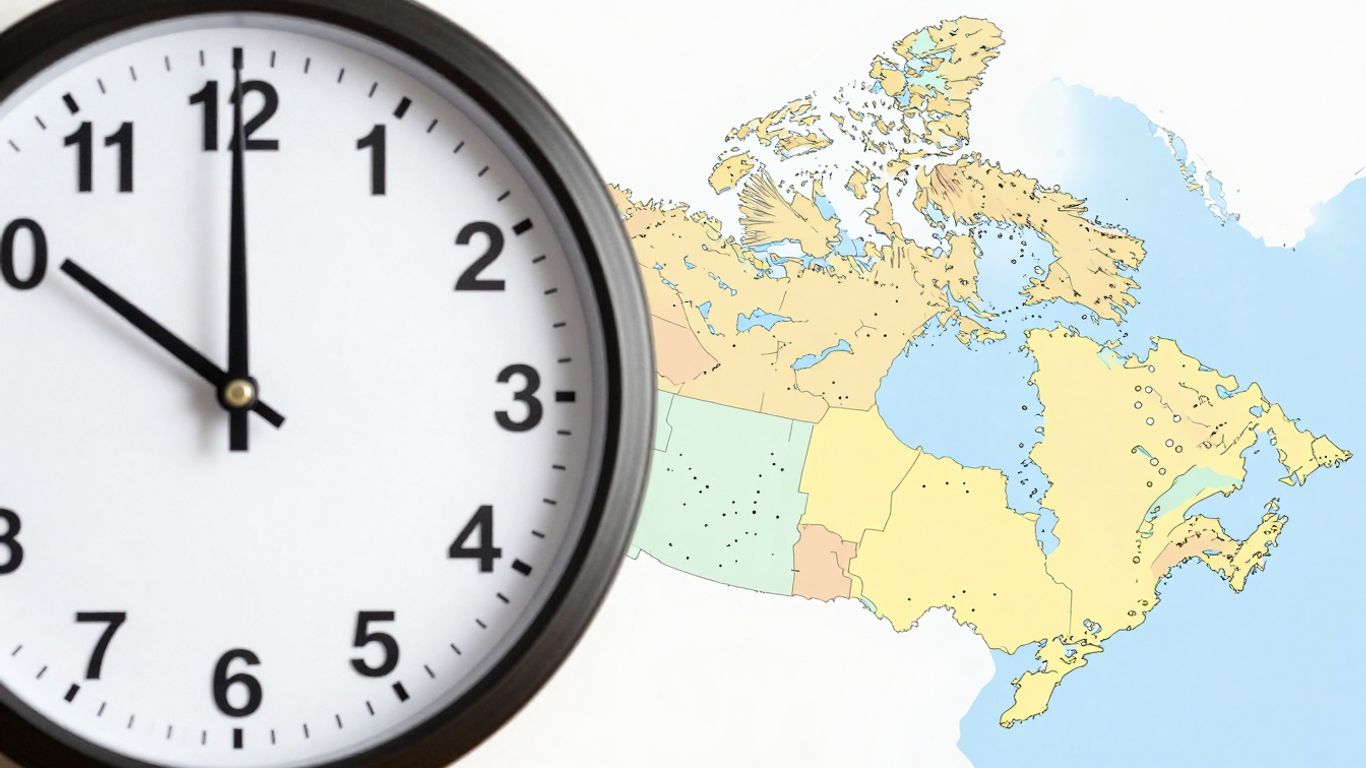 Clock and Canadian map illustrating overtime laws.
