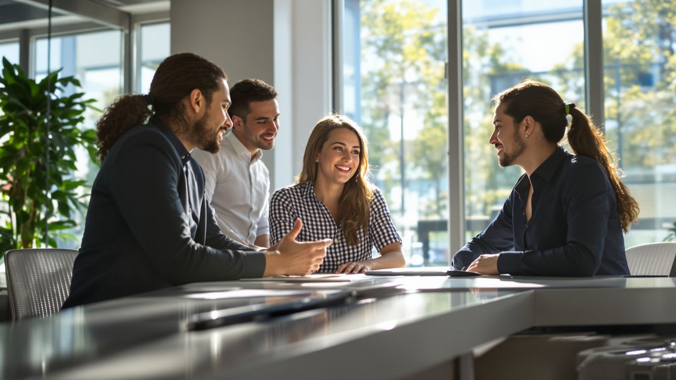 Business professionals collaborating in a bright, modern office.