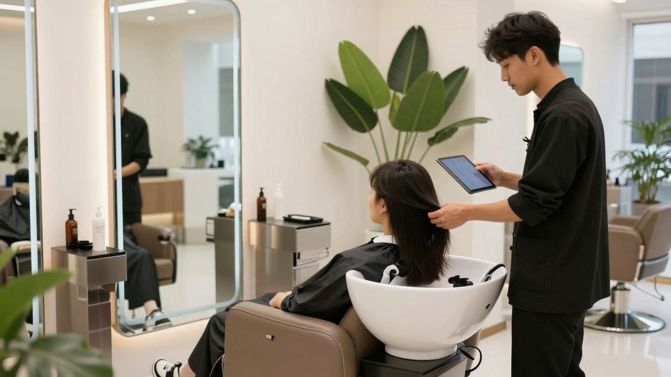 Modern salon with client and stylist using technology.