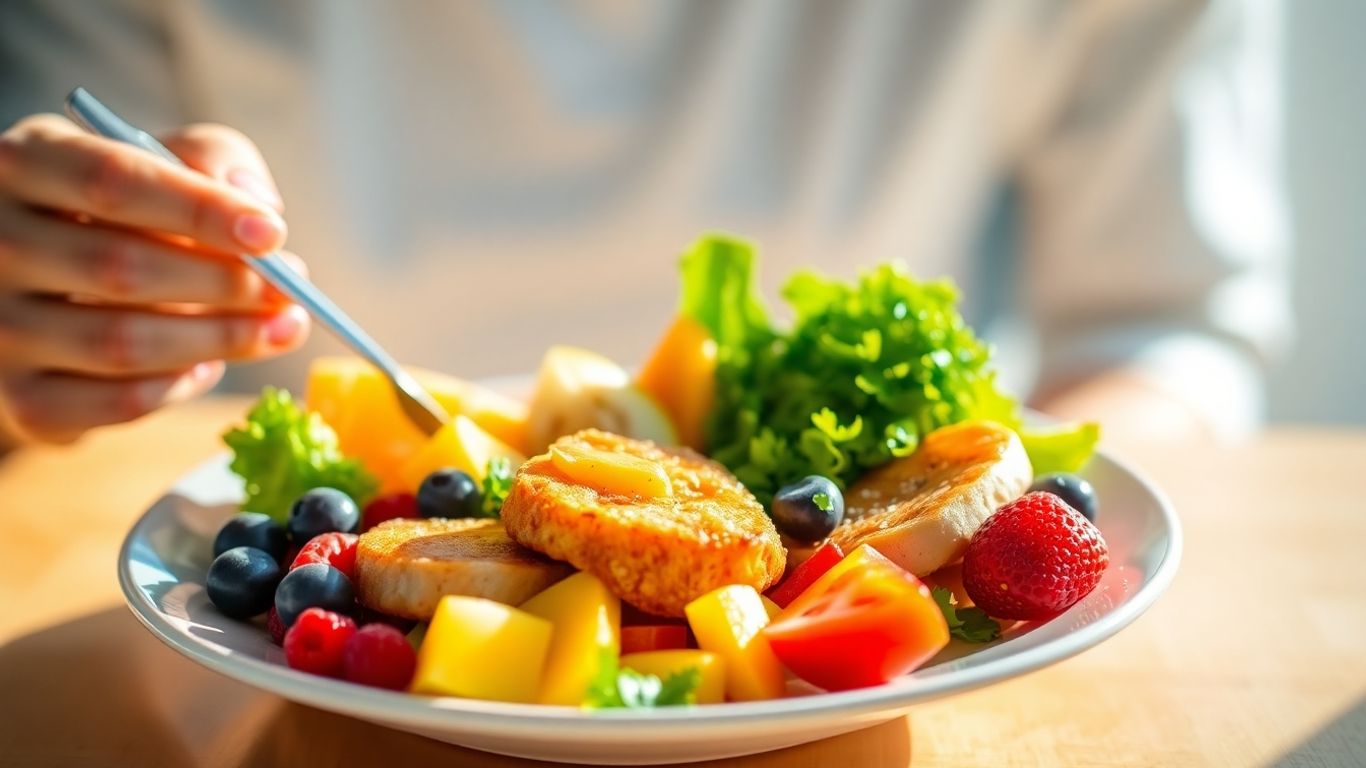 Prato colorido com frutas, vegetais e proteína, luz natural.