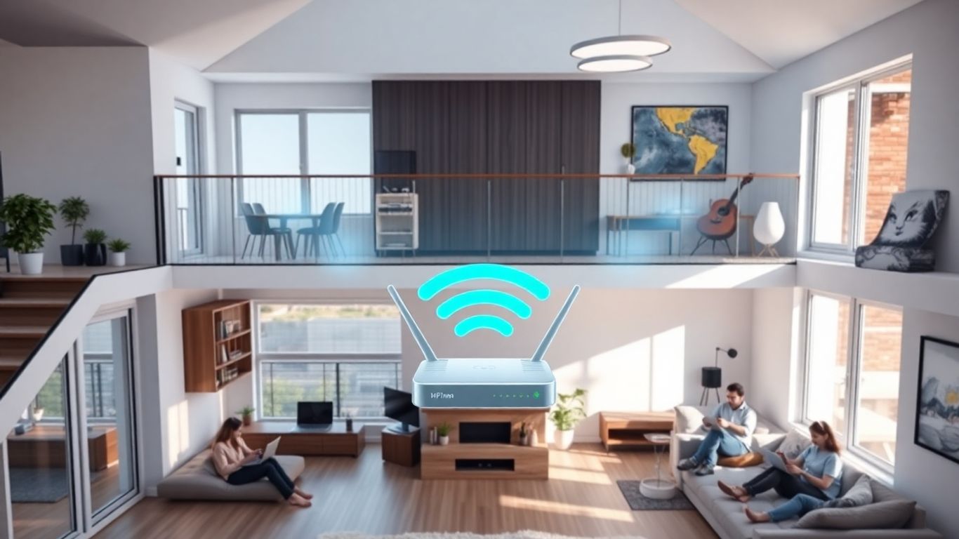 Casa de dois andares com roteador WiFi centralizado e pessoas usando internet.