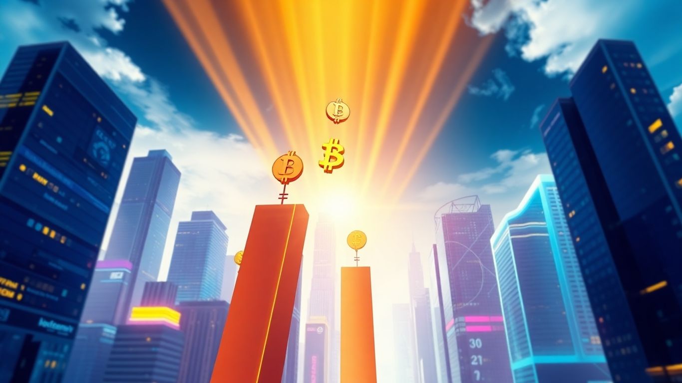 Digital currency symbols rising in a futuristic city.