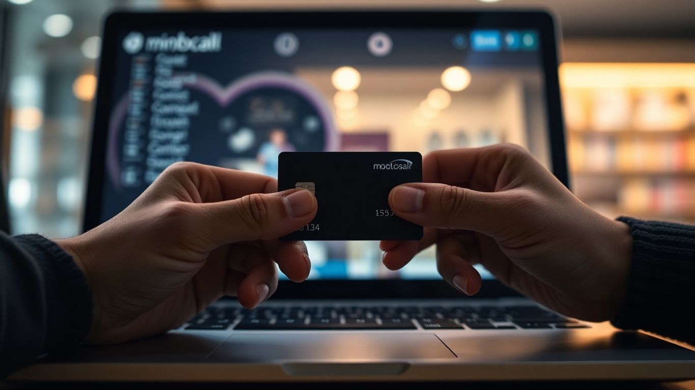 Pessoa segura cartão de crédito diante de notebook iluminado.