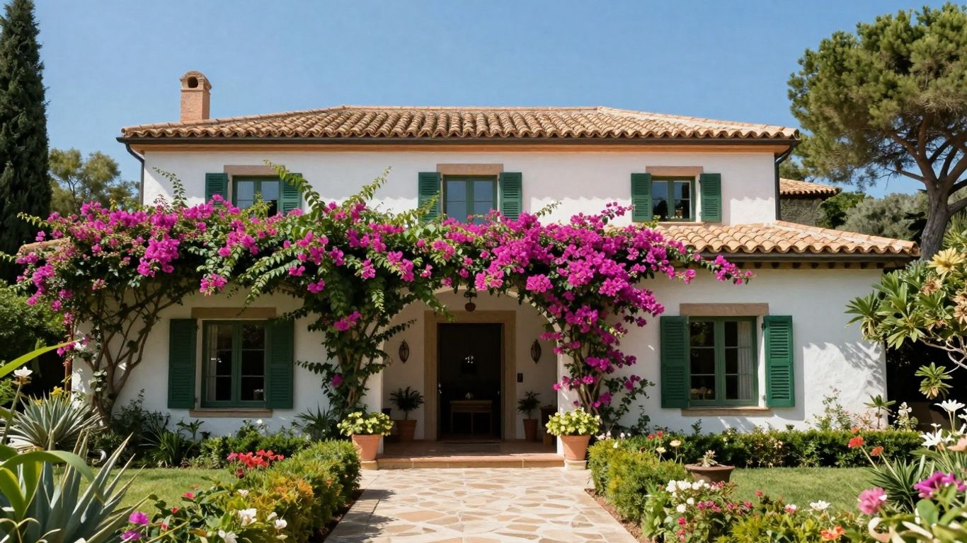 Affordable Spanish villa with garden and blue sky.