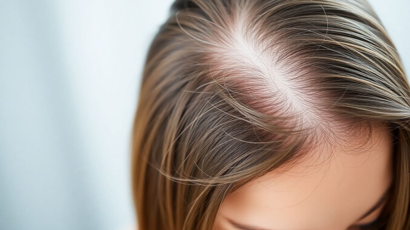 Woman's scalp with thinning hair, Rogaine foam.