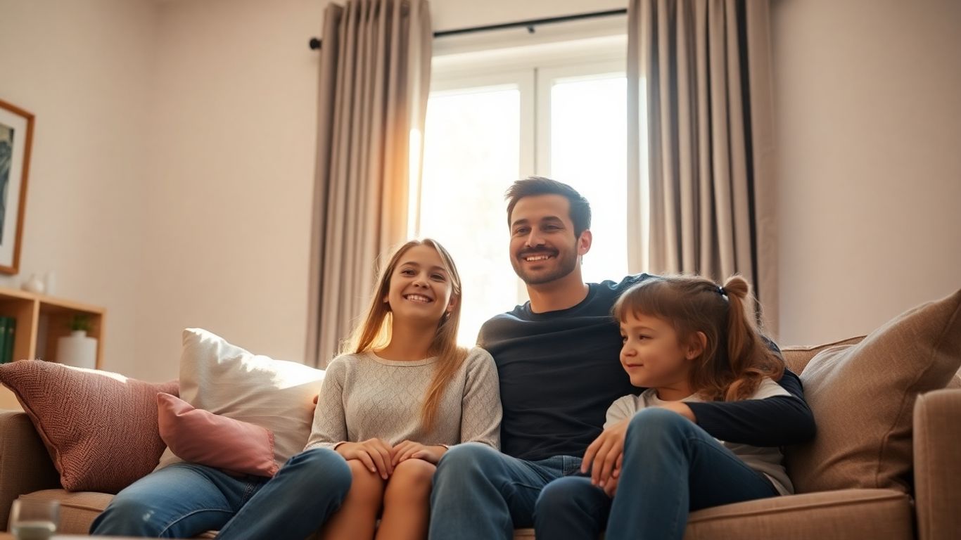 Familia sonriendo en una casa segura y protegida.