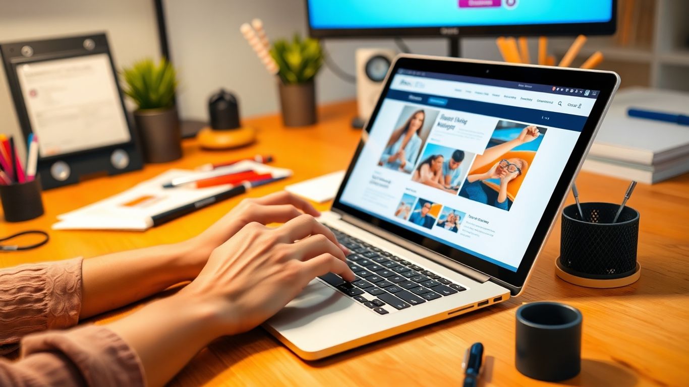 Designer's hands working on a laptop with creative tools.