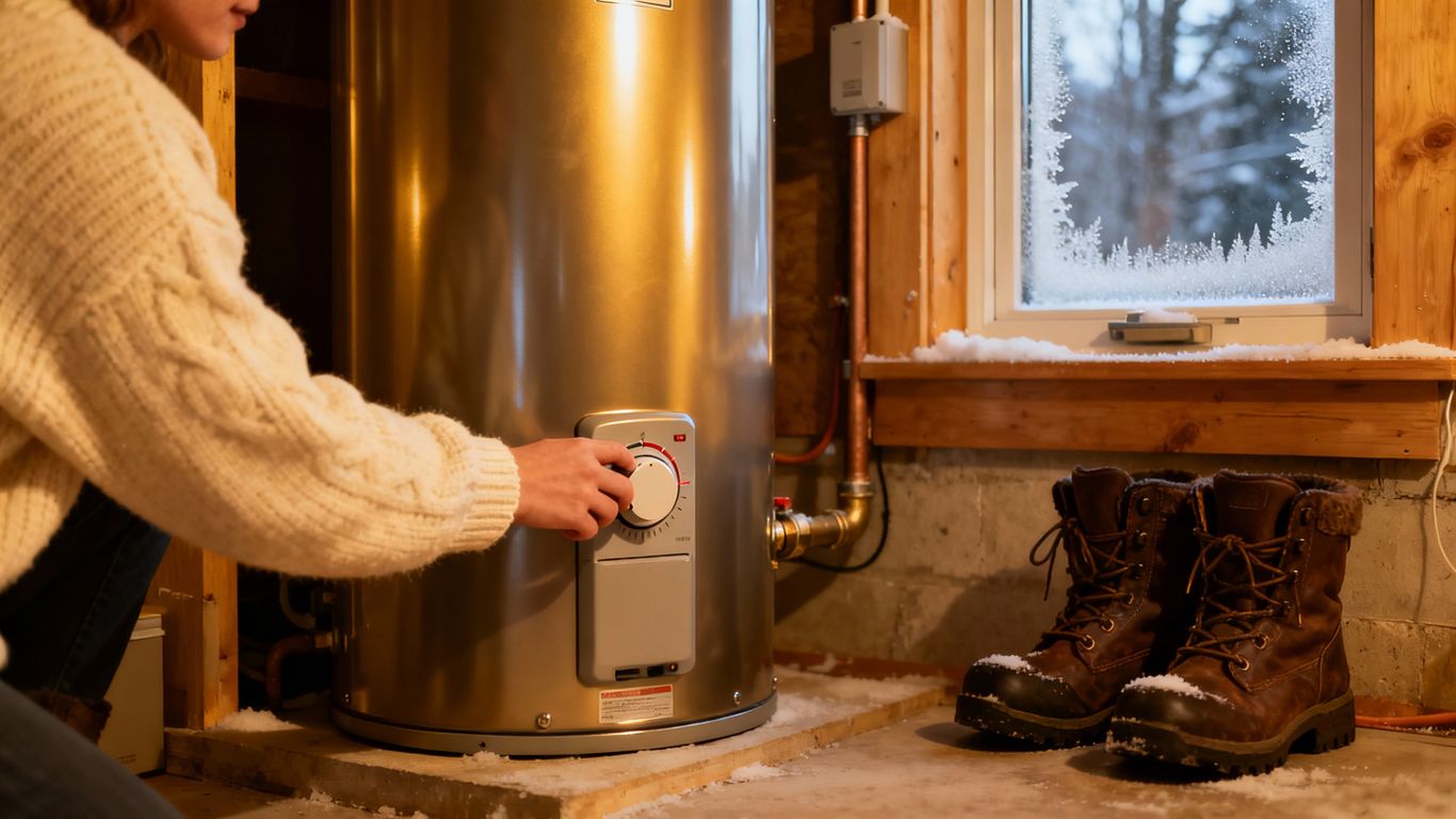 Person adjusting water heater in cozy winter basement