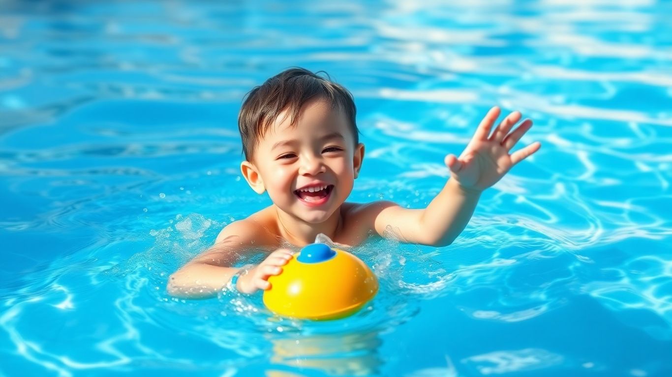 Toddler happily splashing in a swimming pool.