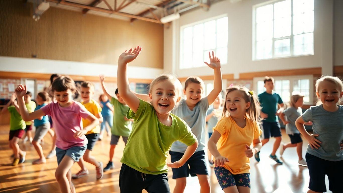 Kinder bei vielf&auml;ltigen Sport&uuml;bungen in der Turnhalle