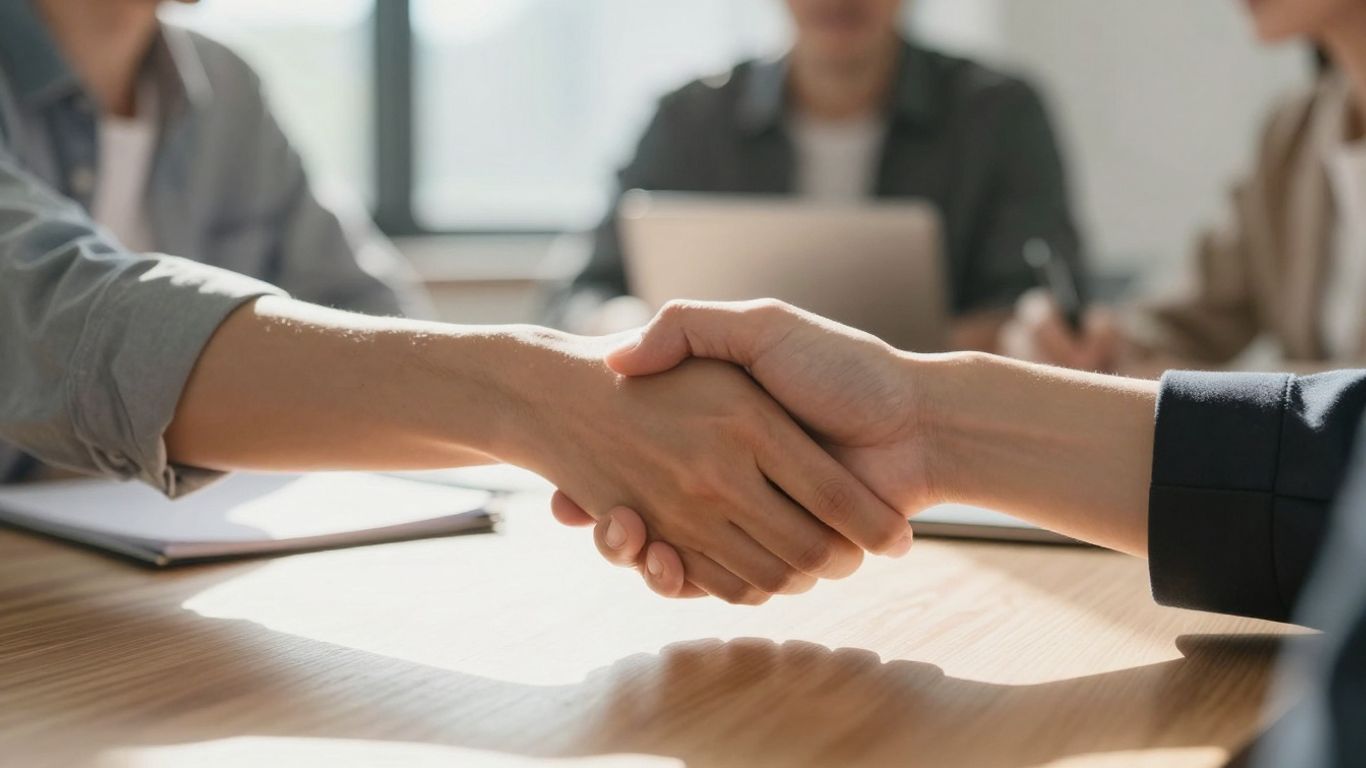 Hands shaking, people talking in background.