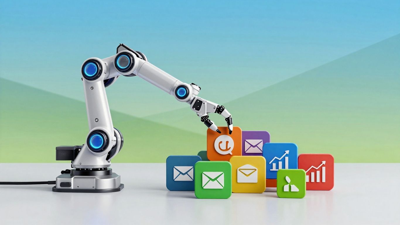 Robot arm organizing marketing icons, Irish business growth.