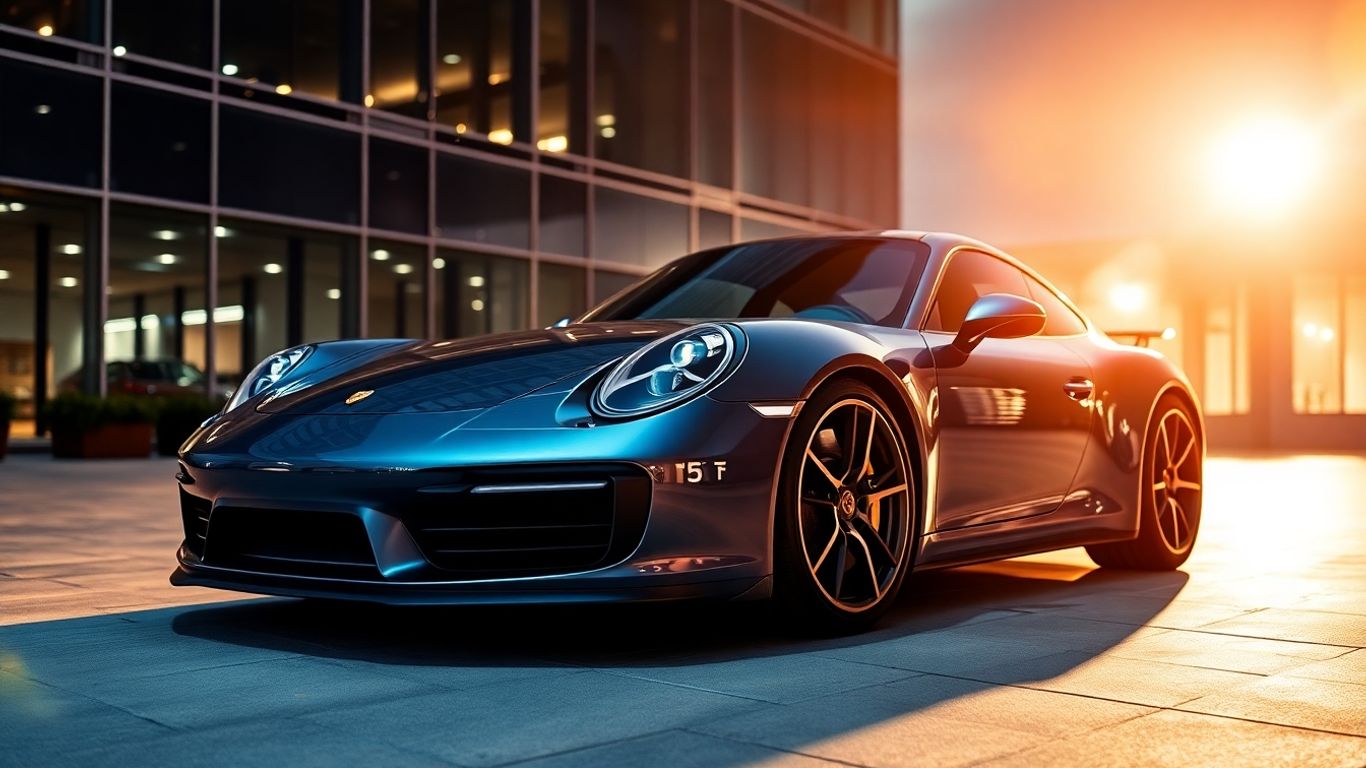 Porsche sports car outside modern building, bright lights.