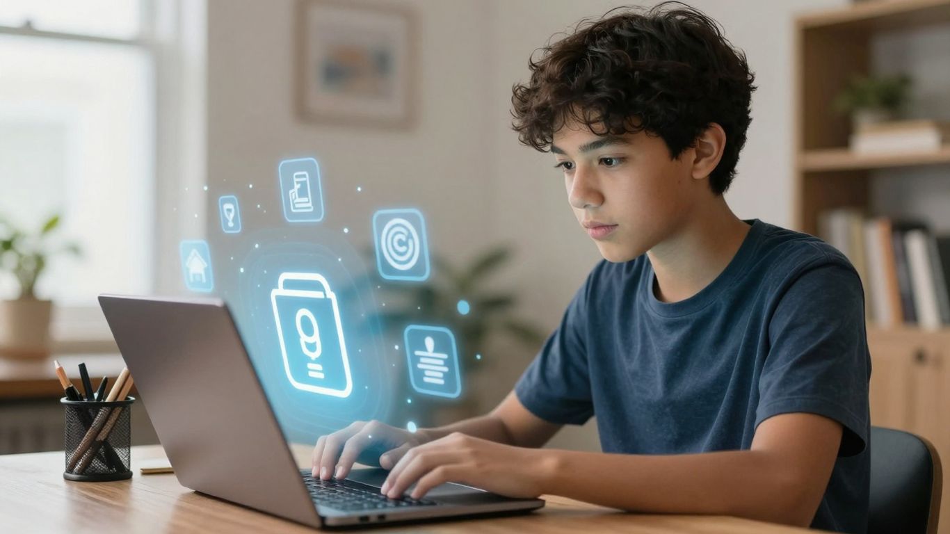 Student using laptop for online security.