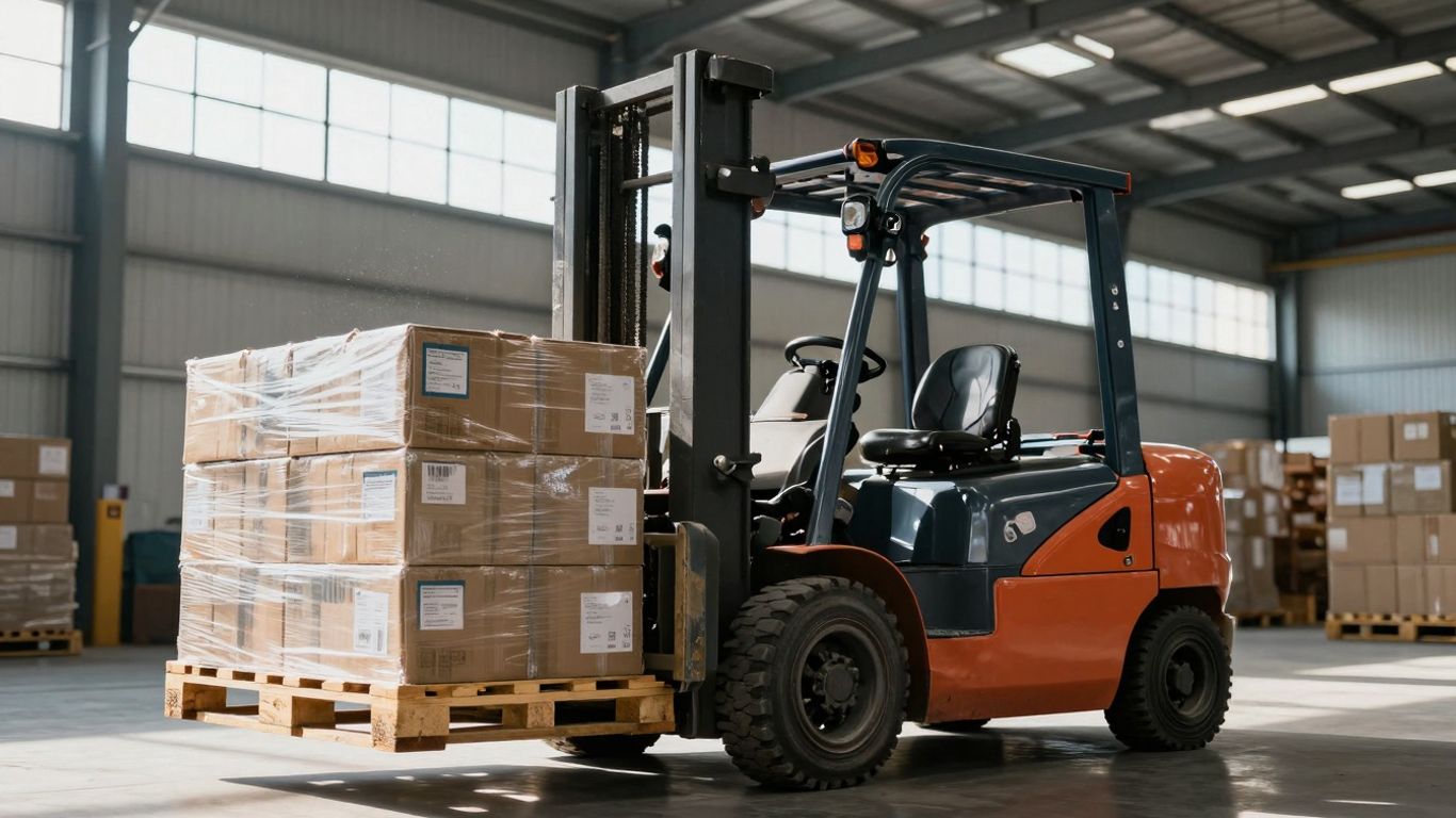 รถโฟล์คลิฟท์กำลังยกสินค้าในคลังสินค้า