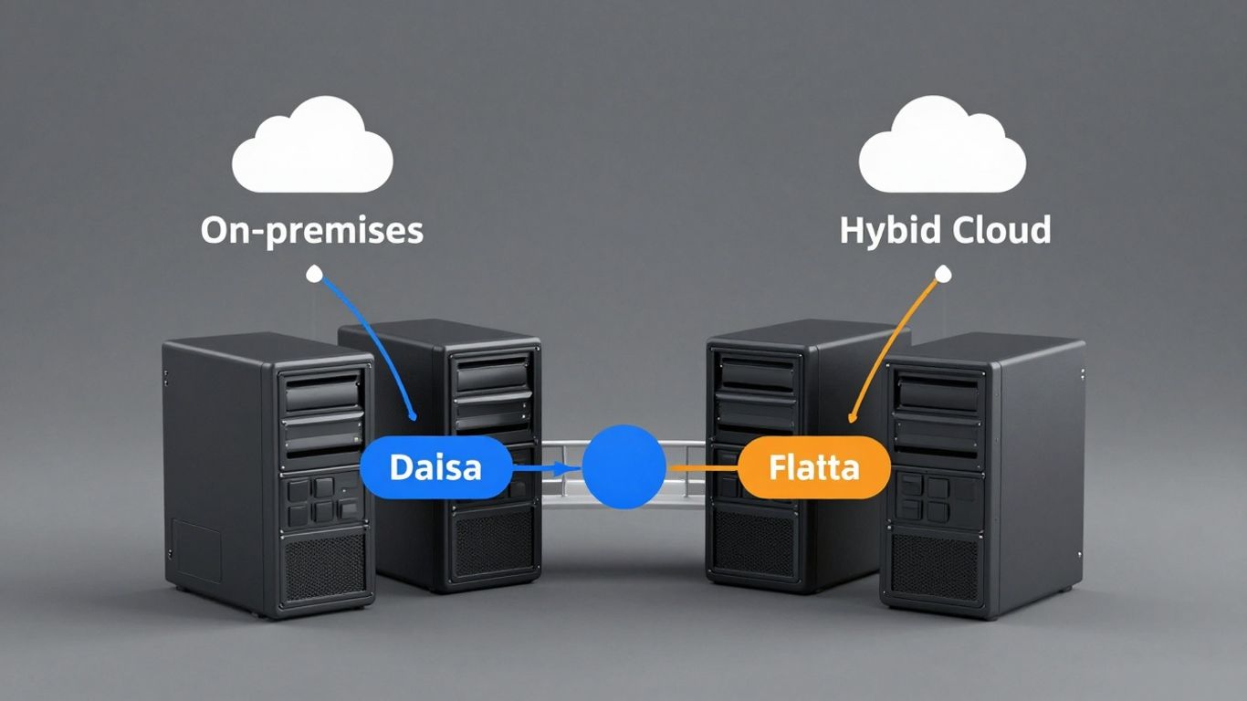 Hybrid cloud infographic showing connected on-prem and cloud environments.