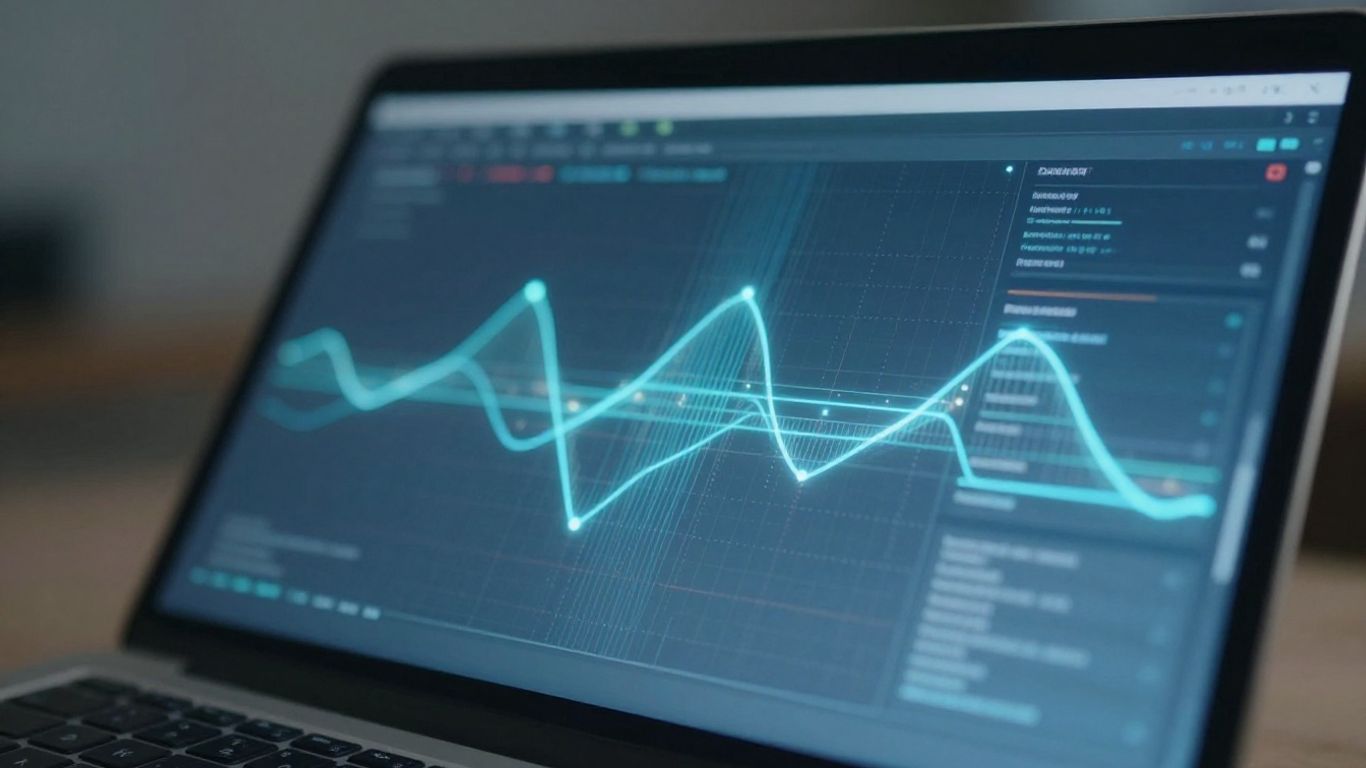 Laptop screen with glowing abstract data patterns.